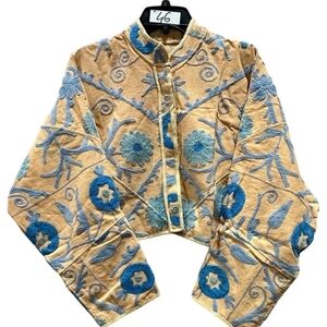Embroidered Peach and Blue Women's Suzani Waist Length Jacket.